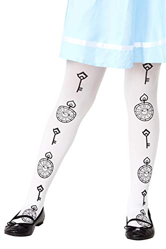 White tights with black Alice in Wonderland themed clock and key designs.