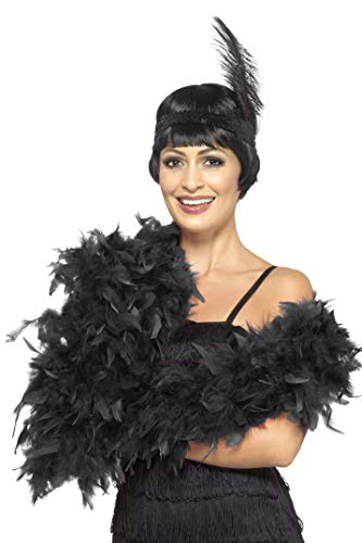 Woman wearing a black feather boa and flapper-style headband.
