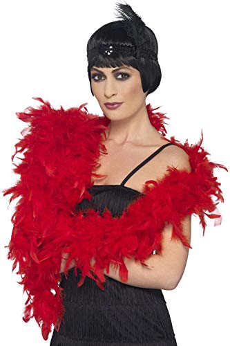 Woman wearing a long, red feather boa and black flapper headband.