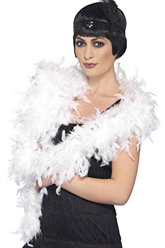 Woman wearing a fluffy white feather boa around her neck.