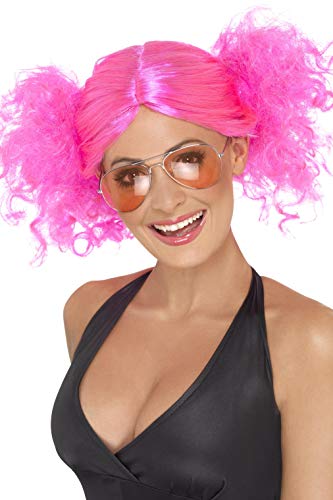 Woman wearing a bright pink, curly 80s-style wig and sunglasses.