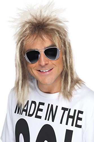 Man wearing a blonde mullet wig and sunglasses, with a white '80s-themed t-shirt.