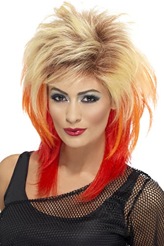 Blonde and red streaked mullet wig worn by a person.