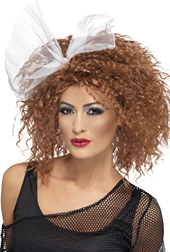 Brown curly 80s-style wig with a large white bow on top.