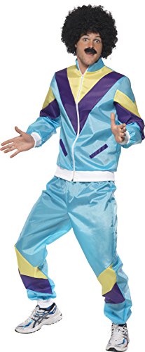 Man wearing blue, yellow, and purple 80s-style shell suit with afro wig and mustache.