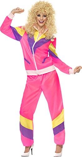 Woman in a bright pink and yellow 80s shell suit costume.
