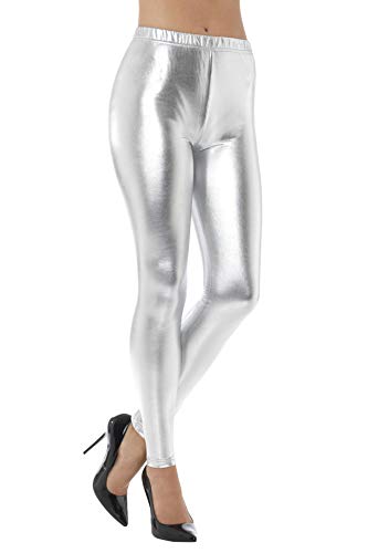 Person wearing tight, metallic silver disco leggings and black high-heeled shoes.