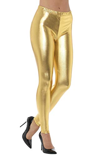 Person wearing metallic gold disco leggings and black high-heeled pumps.