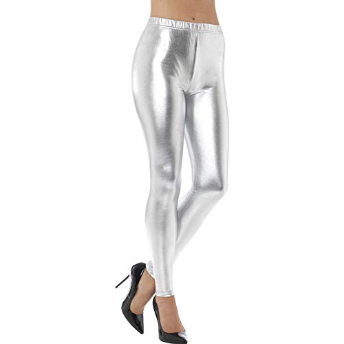 Silver metallic disco leggings, worn with black high heels, studio shot.