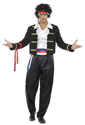 A man wearing an 80s-style black and white New Romantic costume with red face paint.