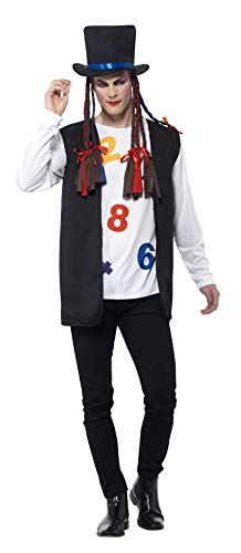 Man wearing an 80s pop star costume with a top hat and braids.