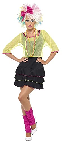 Woman wearing a colorful 80s pop star costume with bright wig and skirt.