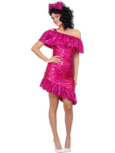 Woman wearing a bright pink, sequined 80s-style cocktail dress and headband.