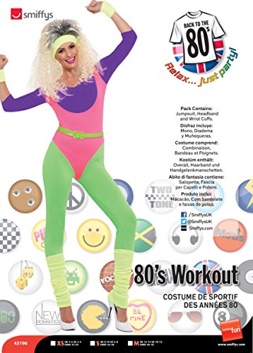 Woman in a colorful 80s workout jumpsuit with leg warmers and headband.