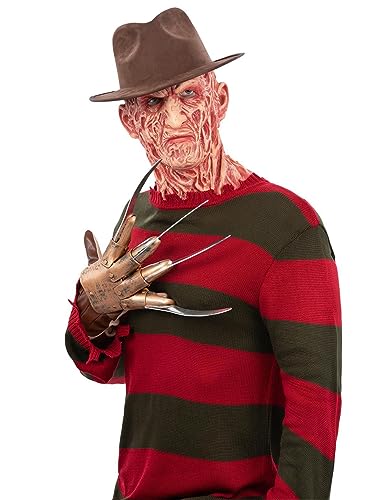Freddy Krueger costume with striped sweater and bladed glove.