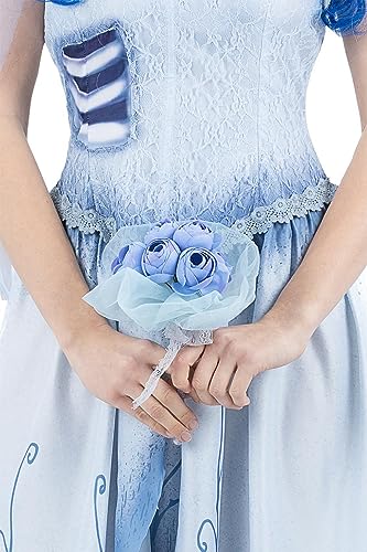 Blue flower bouquet held by a person in a pale dress.