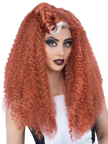 Long, curly ginger wig with white streaks worn by a woman.