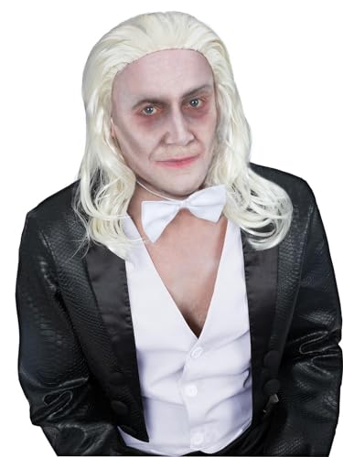 Man wearing long, white Riff Raff wig and black suit.