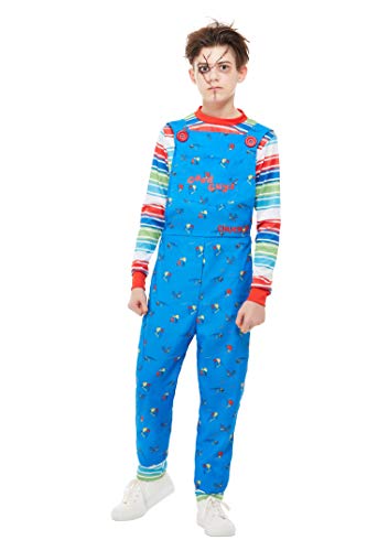 A boy wears a blue Chucky costume with striped sleeves and white shoes.