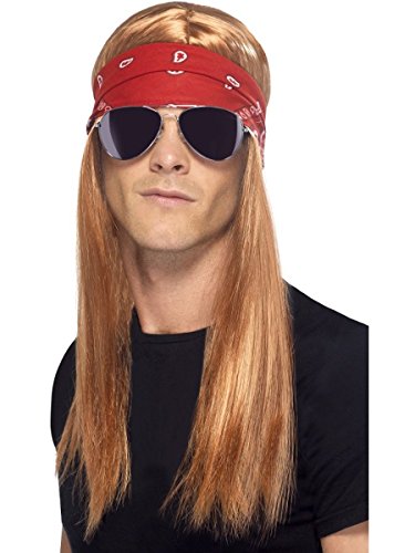 Man wearing a long auburn wig, bandana, and sunglasses.