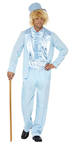 Man wearing a light blue tuxedo costume with a top hat and cane.