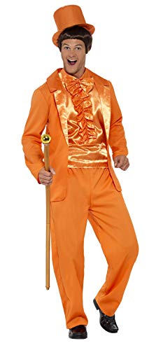 Man in a bright orange tuxedo costume with top hat and cane.