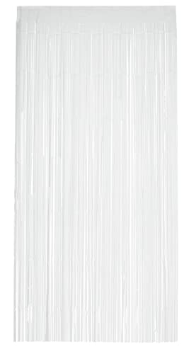 A white matte fringe curtain backdrop with vertical strips hanging from a top header.