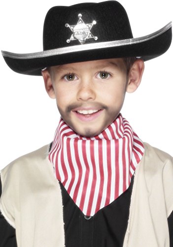 Black cowboy hat with a silver sheriff’s badge, worn by a child.