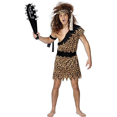 Man in a brown, leopard-print caveman costume holding a club.