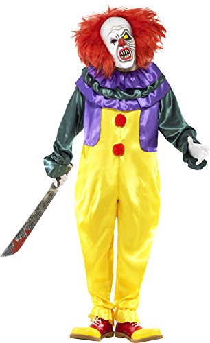 Man dressed as a scary clown in a yellow, purple, and green costume, holding a knife.