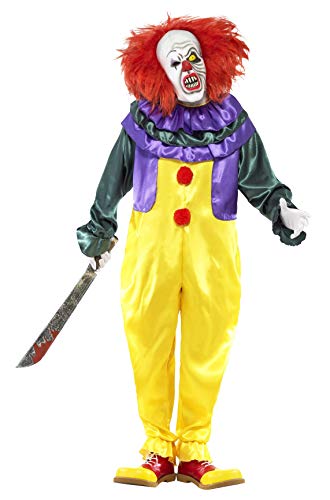 Scary clown costume with yellow jumpsuit, red wig, and a knife.