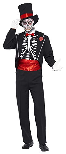 Day of the Dead costume: black suit with skeletal makeup and hat.