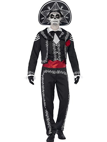 A man wearing a black Day of the Dead costume with a sombrero and makeup.