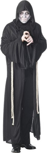 Man dressed as the Grim Reaper in a black hooded robe, holding a scythe.