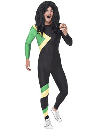 Man in a black and green Jamaican flag-themed jumpsuit costume.