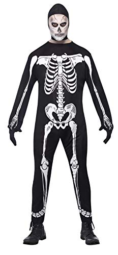 Black skeleton jumpsuit costume with hood and gloves, full body view.