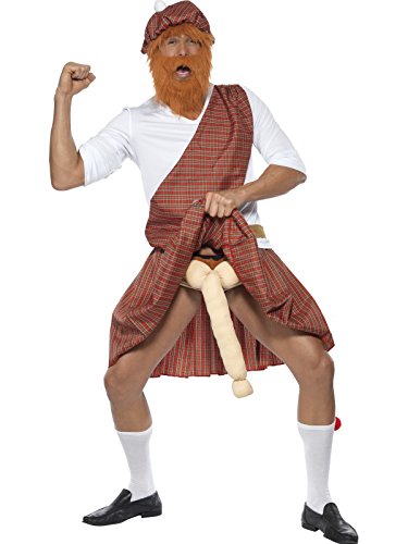 Man wearing a red tartan kilt and hat, with a fake red beard and oversized phallus.
