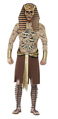 Zombie pharaoh costume with skull mask, striped headpiece, and wrapped details.