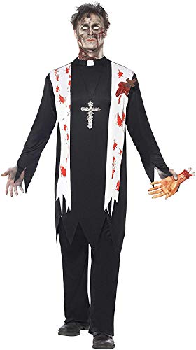 Zombie priest costume with bloodied robe, cross, and detached hand.