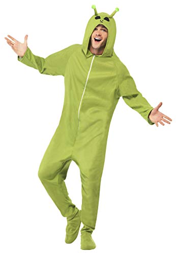 A man wearing a green, hooded alien onesie costume with antennae on the hood.