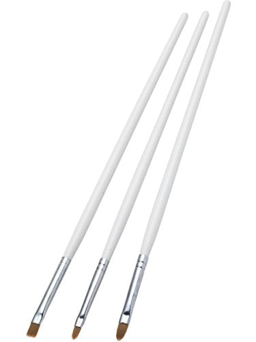Three paint brushes with long white handles and metal ferrules arranged diagonally.
