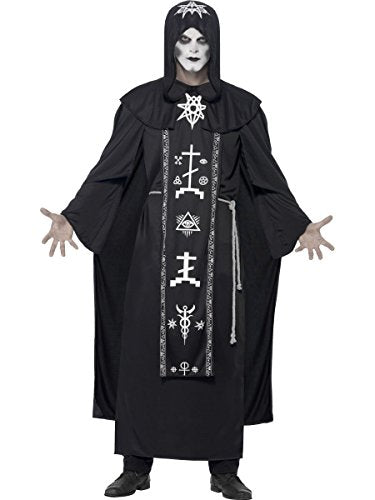 Person wearing a black hooded robe with white occult symbols and a rope belt.