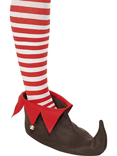 Brown pointed elf shoes worn with red and green costume pants.