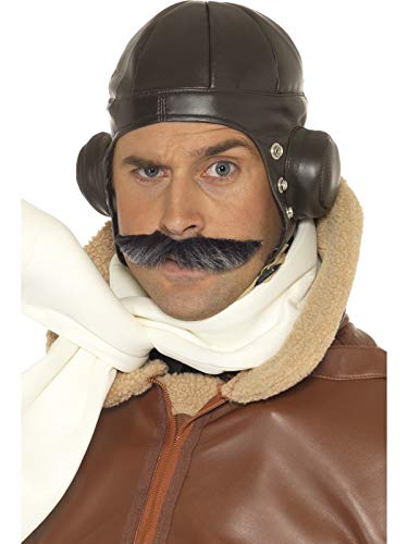 Man wearing a brown faux leather flying helmet, white scarf, and fake mustache.