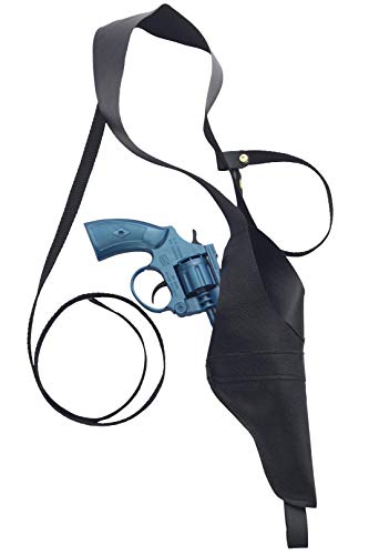 Black holster with a blue toy revolver attached by a shoulder strap.