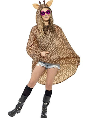 Person wearing a giraffe-patterned poncho with pink sunglasses.