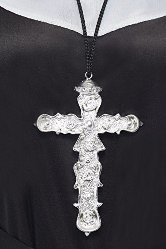"Silver ornate cross pendant on a black cord, worn by a person."