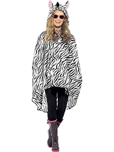 A woman wears a zebra-patterned hooded poncho with ears and pink sunglasses.