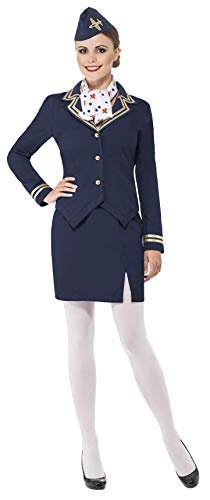 Woman wearing a navy blue airline attendant costume with hat and scarf.