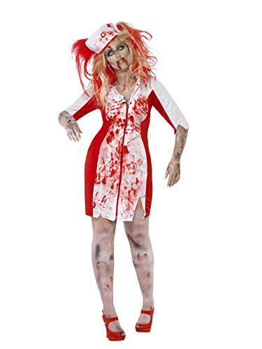 Woman in a blood-splattered zombie nurse costume with headpiece.
